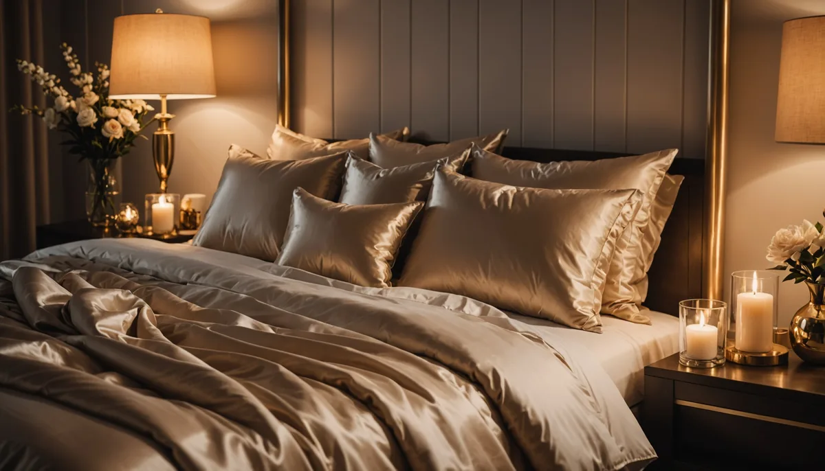 Ambiente de quarto luxuoso com produtos de autocuidado feminino e iluminação suave