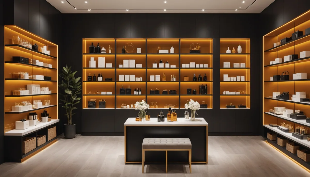 Interior de boutique adulta premium com produtos femininos em exposição elegante