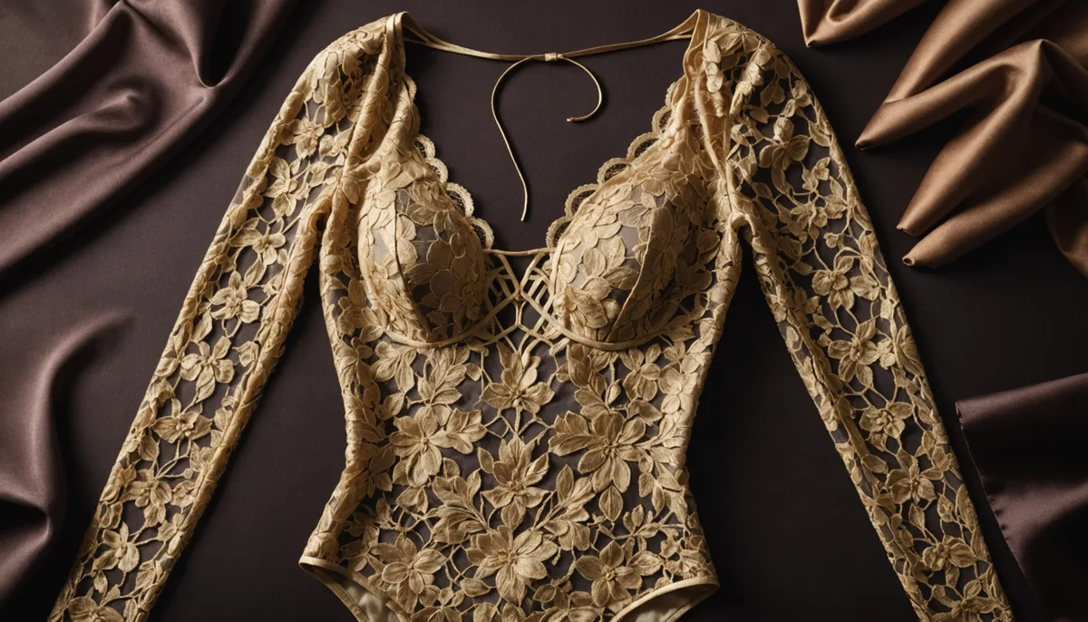 Body sensual feminino de renda sobre tecido de cetim escuro com iluminação dourada