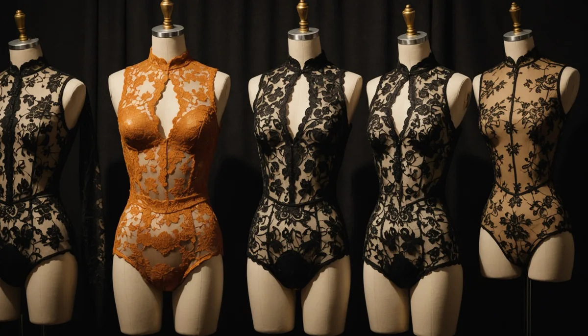 Diferentes modelos de body sensual feminino sobre veludo escuro em estúdio elegante