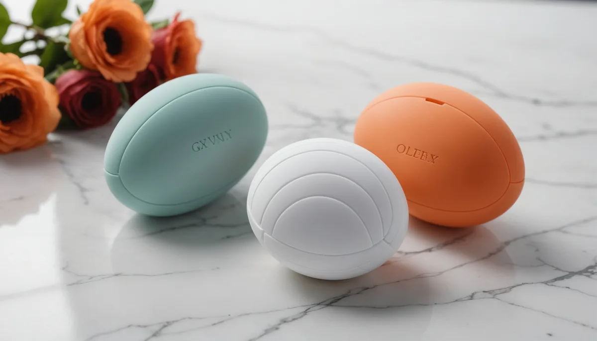 Brinquedo sexual de silicone médico sobre mármore branco em estúdio com luz suave