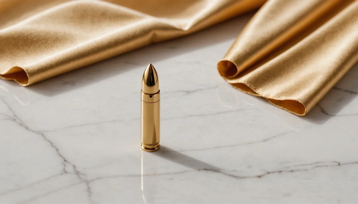 Bullet vibrador compacto sobre superfície de mármore com iluminação dourada suave
