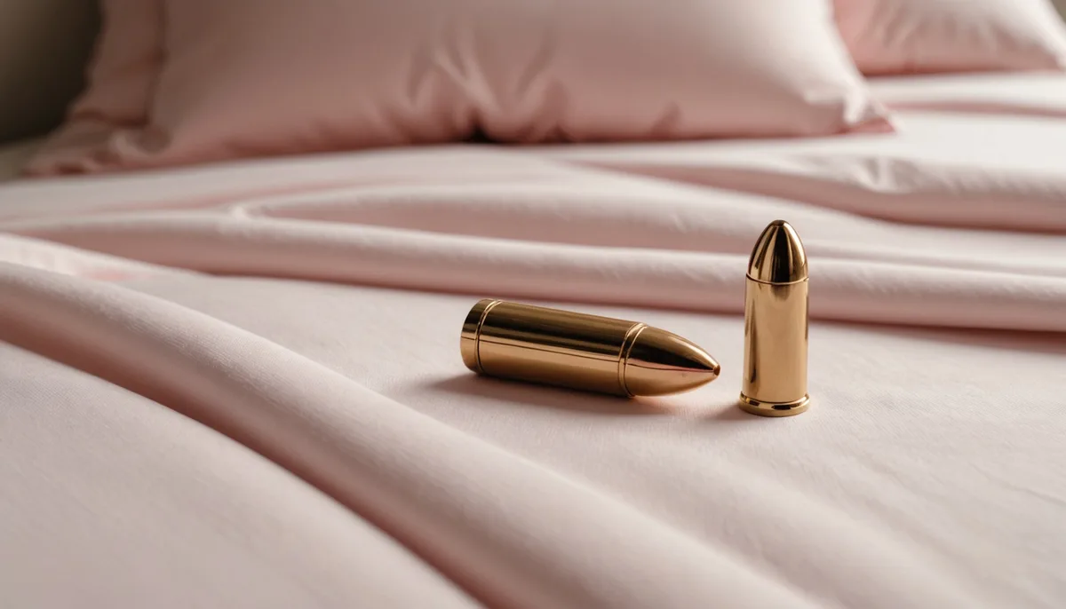 Bullet vibrador de silicone rosa sobre lençol de cetim branco em quarto luxuoso