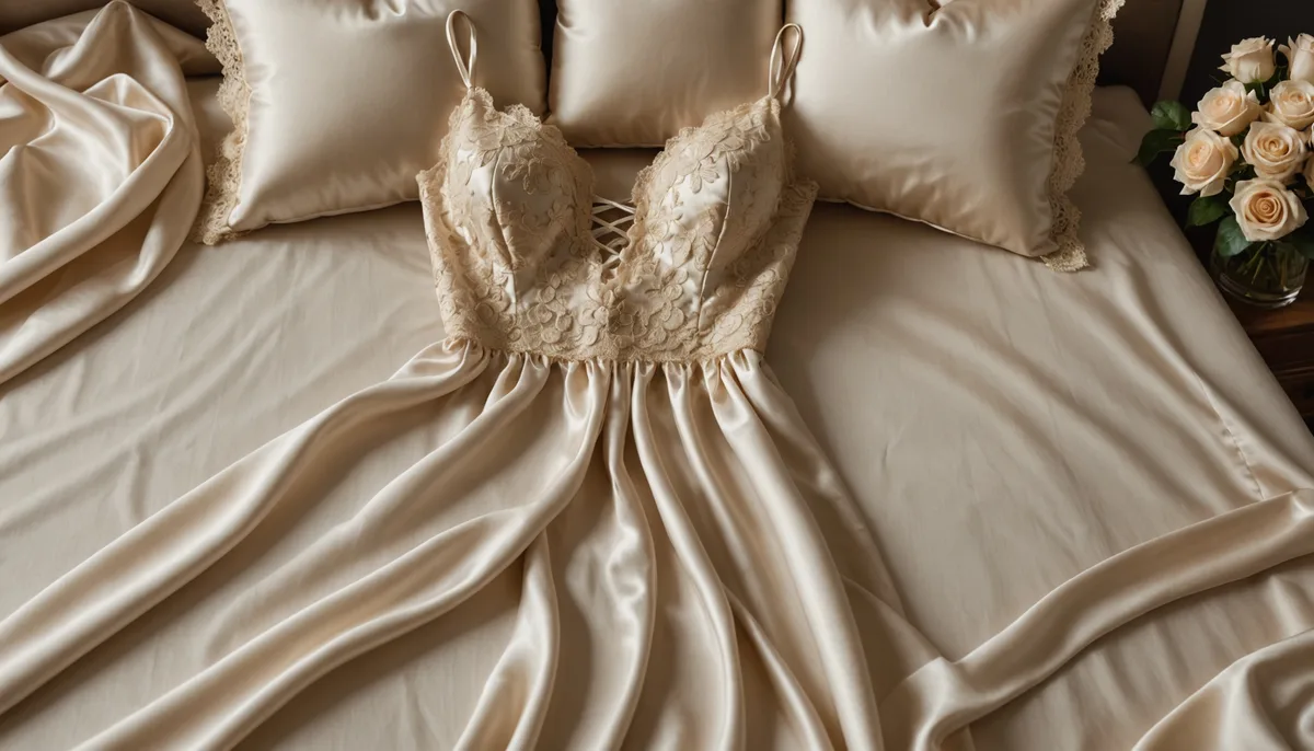 Camisola sensual de cetim sobre tecido de seda, iluminação dourada suave
