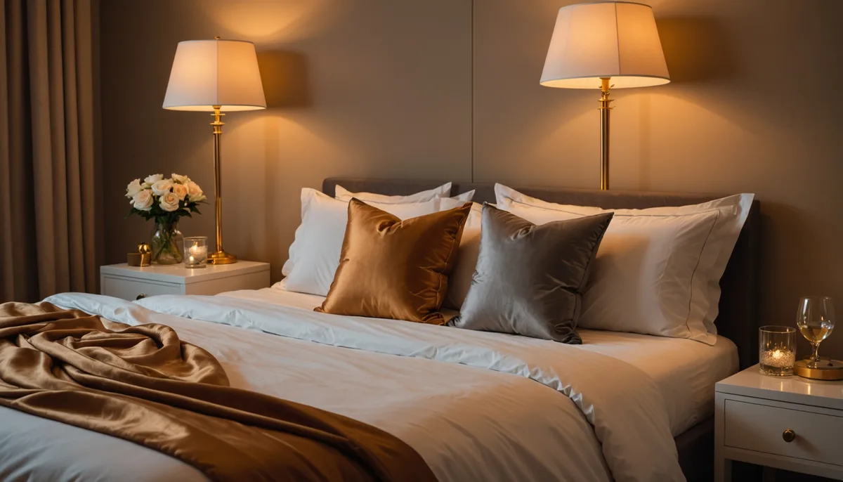 Quarto romântico com iluminação suave e lençóis de cetim para casal