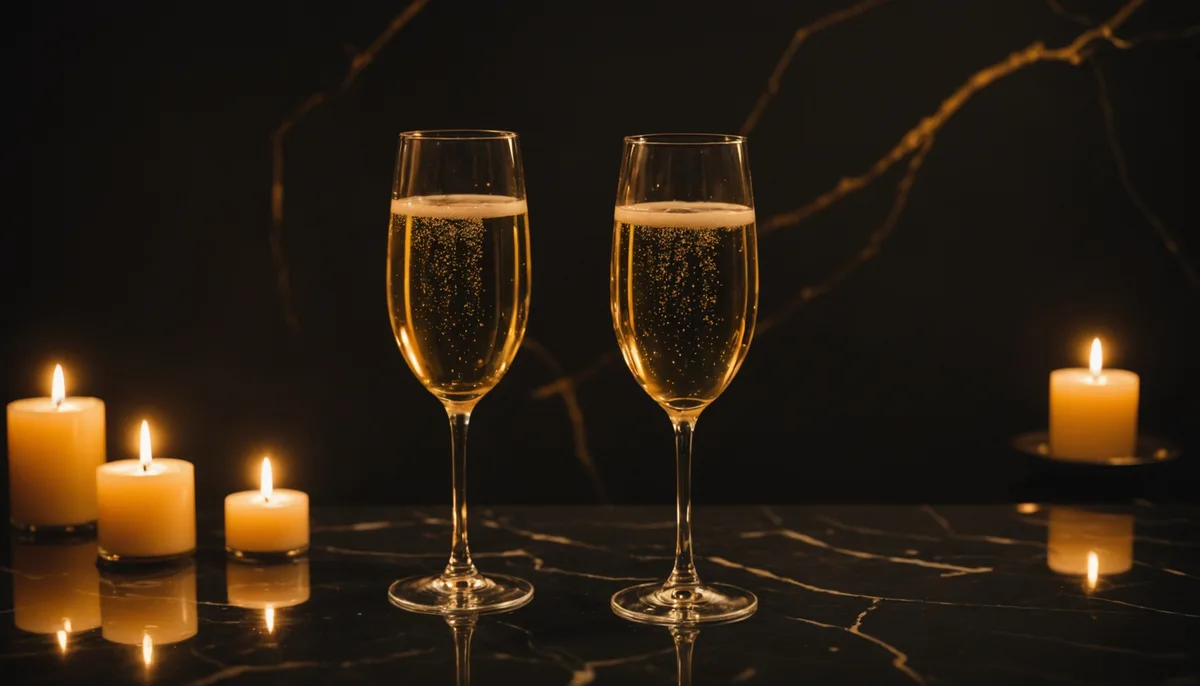 Taças de champanhe em superfície de mármore com luz de velas ao fundo