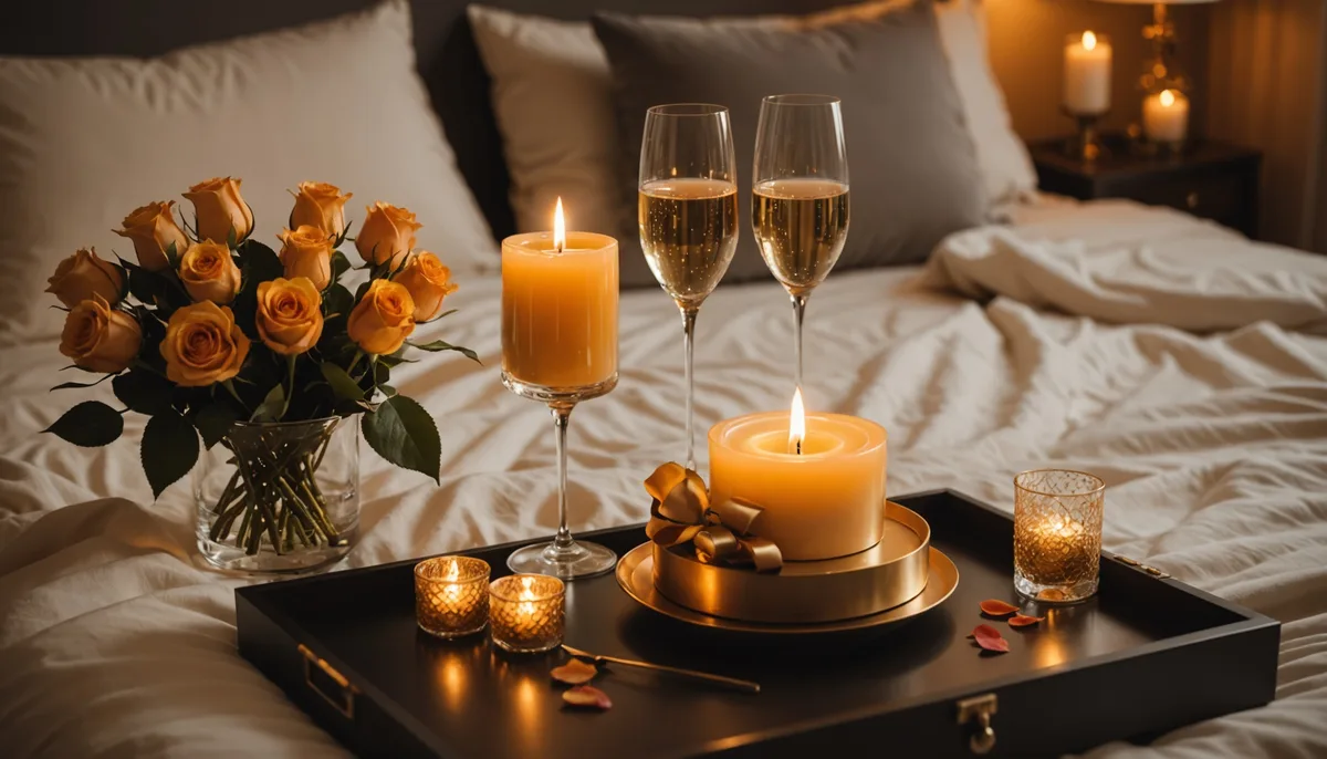 Quarto romântico decorado com velas, pétalas e taças de espumante para o Dia dos Namorados