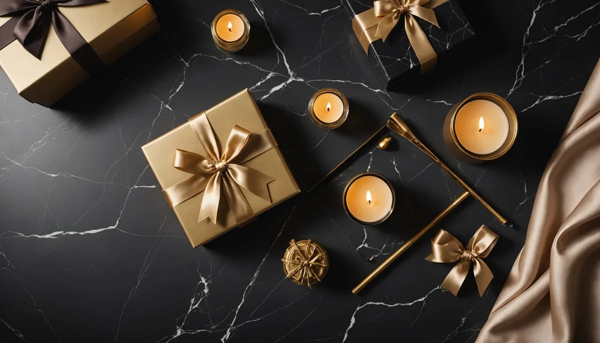 Kit romântico com embalagem elegante, vela e acessórios sobre mármore escuro