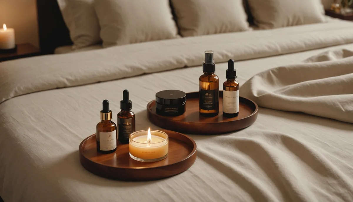 Seleção de produtos íntimos de qualidade sobre linho claro em quarto luxuoso iluminado