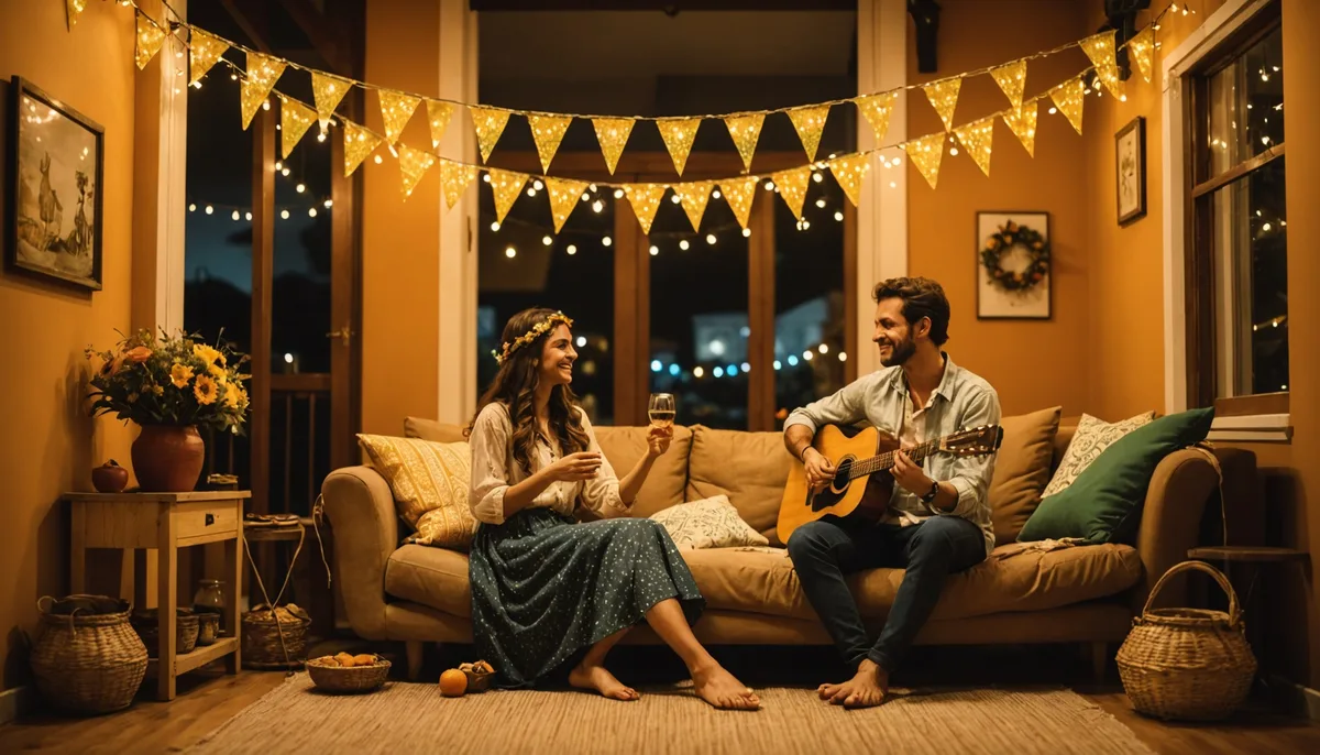 Decoração junina romântica para casal com luzes de cordão e bandeirinhas coloridas
