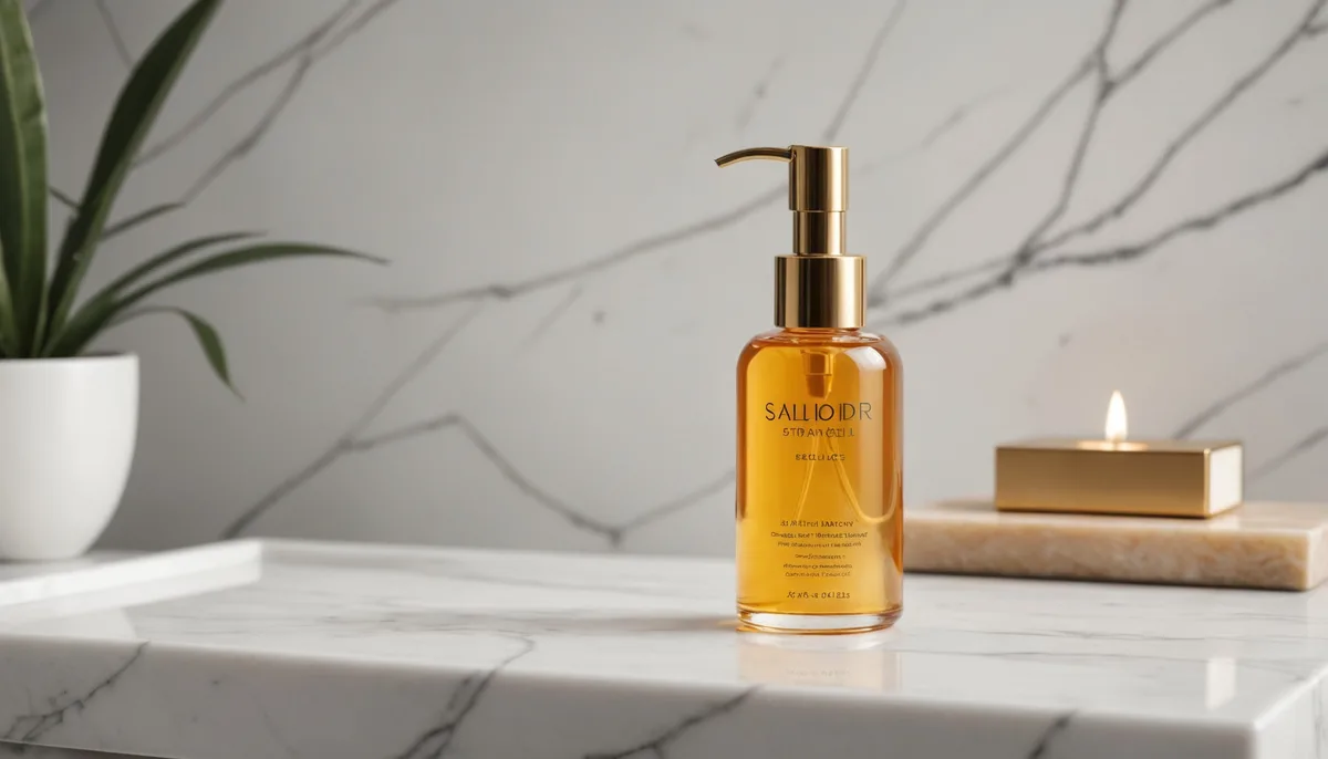 Gel excitante feminino sobre superfície de mármore branco com iluminação dourada suave