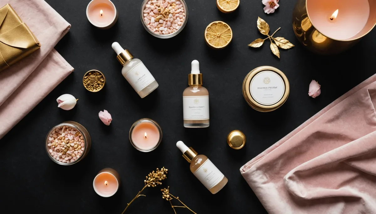 Produtos de bem-estar íntimo feminino dispostos com elegância sobre veludo escuro