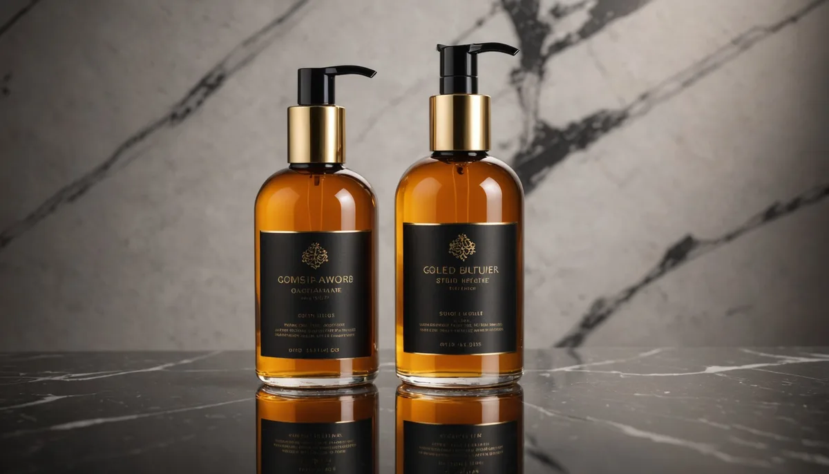 Gel excitante masculino sobre superfície de mármore escuro com iluminação dourada