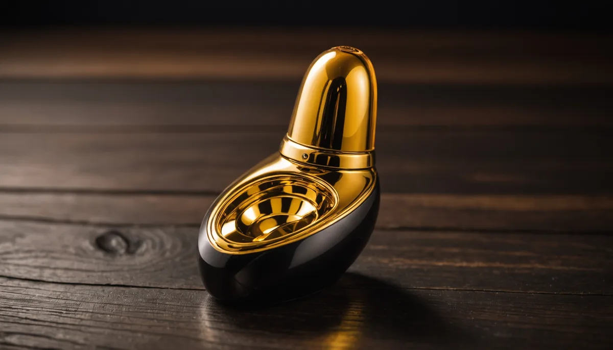 Masturbador masculino premium sobre superfície escura com iluminação dourada