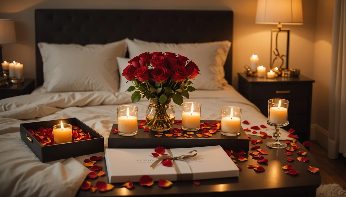 Quarto romântico decorado com velas, pétalas e produtos para noite especial a dois