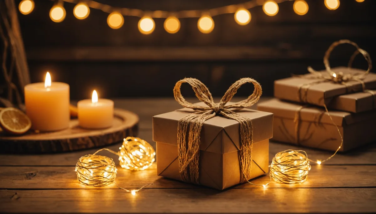 Kit de presente romântico para casal no São João com embalagem elegante e luzes quentes