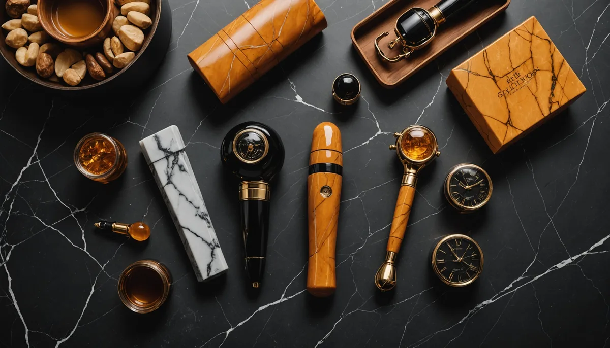 Produtos eróticos masculinos sobre superfície de mármore escuro com iluminação dourada