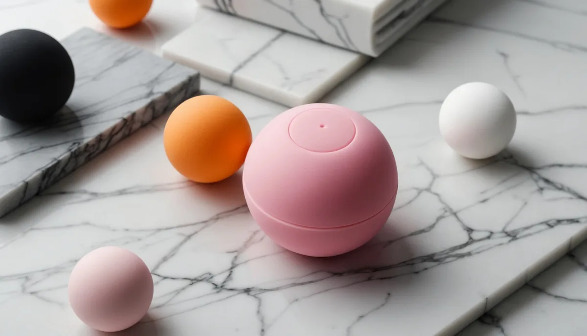 Produtos eróticos masculinos em silicone médico sobre mármore branco com iluminação suave