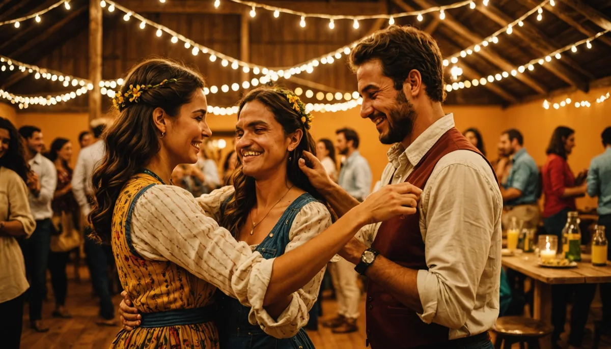 Casal dançando forró em arraial junino decorado com bandeirinhas e luzes quentes