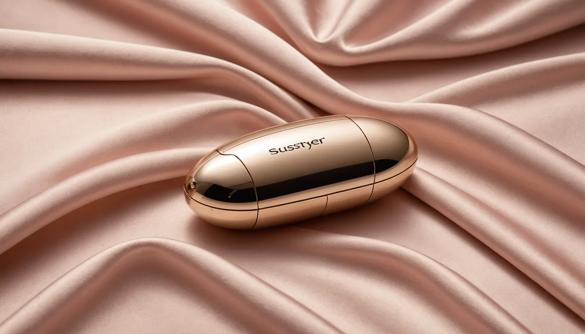 Satisfyer Pro 2 sobre tecido de seda rosa em ambiente de quarto luxuoso