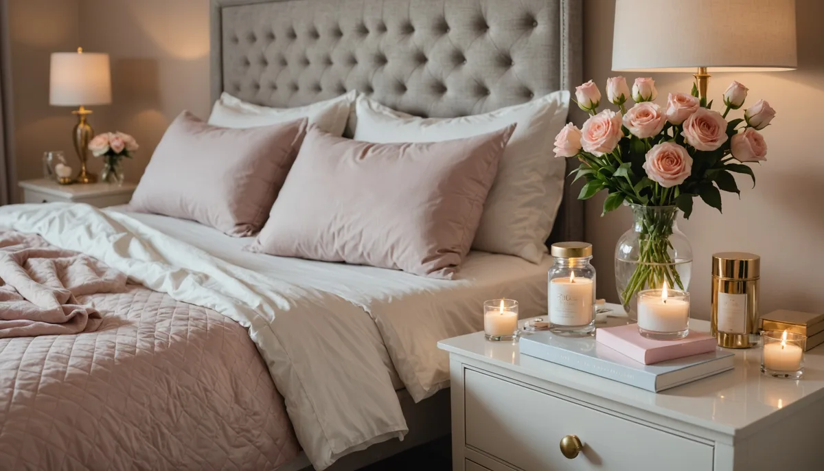 Ambiente de quarto elegante com produtos de bem-estar feminino sobre criado-mudo