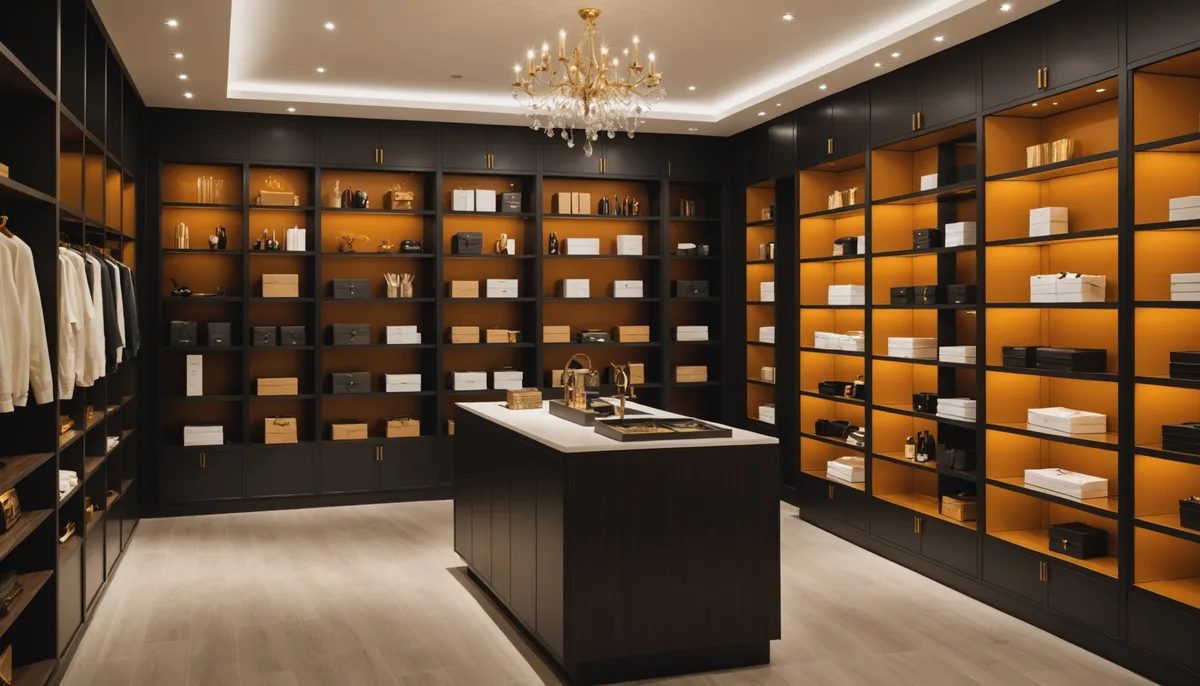 Interior elegante de sex shop com prateleiras de produtos e caixa de entrega discreta sobre balcão