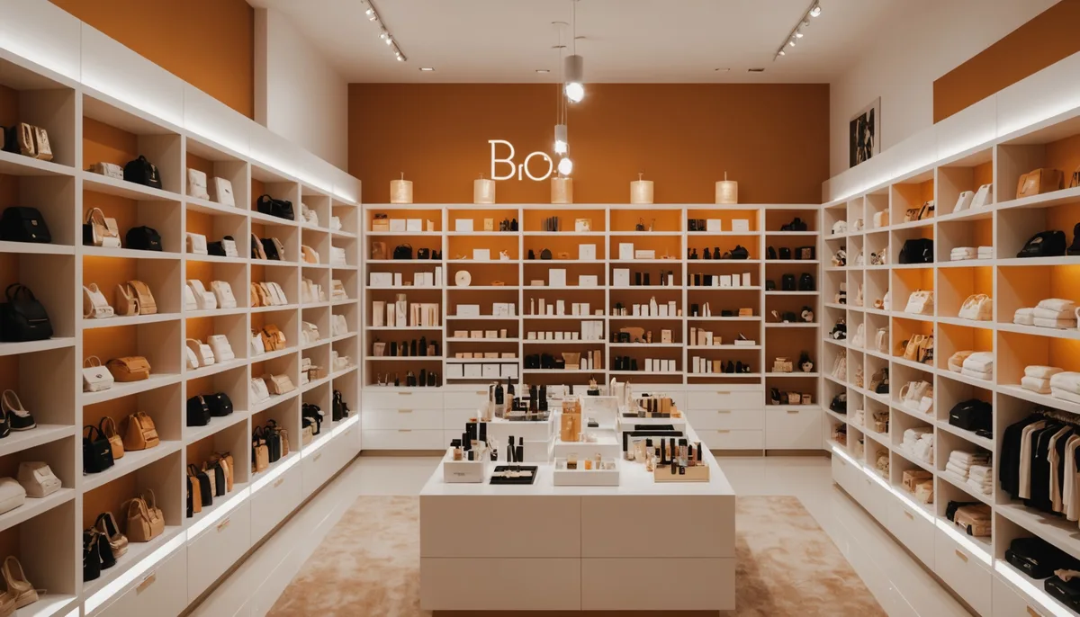 Interior de sex shop moderno com produtos eróticos organizados em prateleiras iluminadas