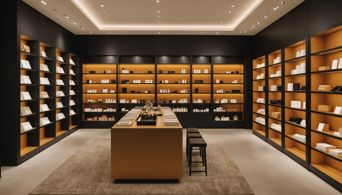 Interior elegante da KMV Sex Shop em Salvador com prateleiras de produtos e iluminação suave