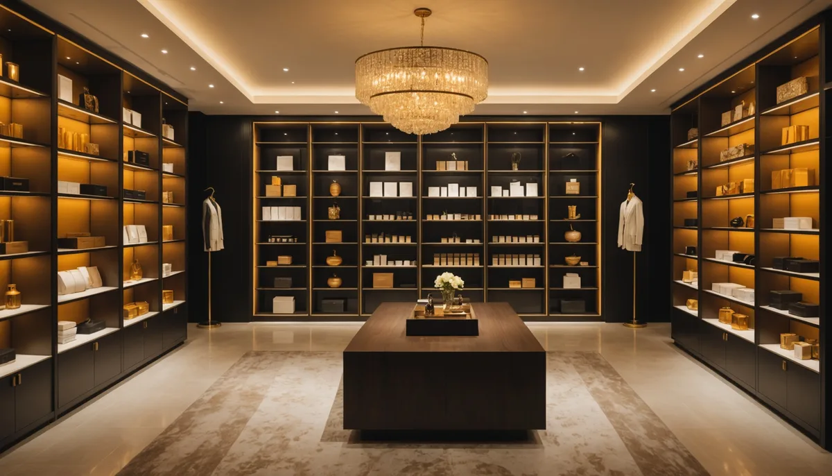 Interior de sexy shop moderna em Salvador com prateleiras elegantes e iluminação aconchegante