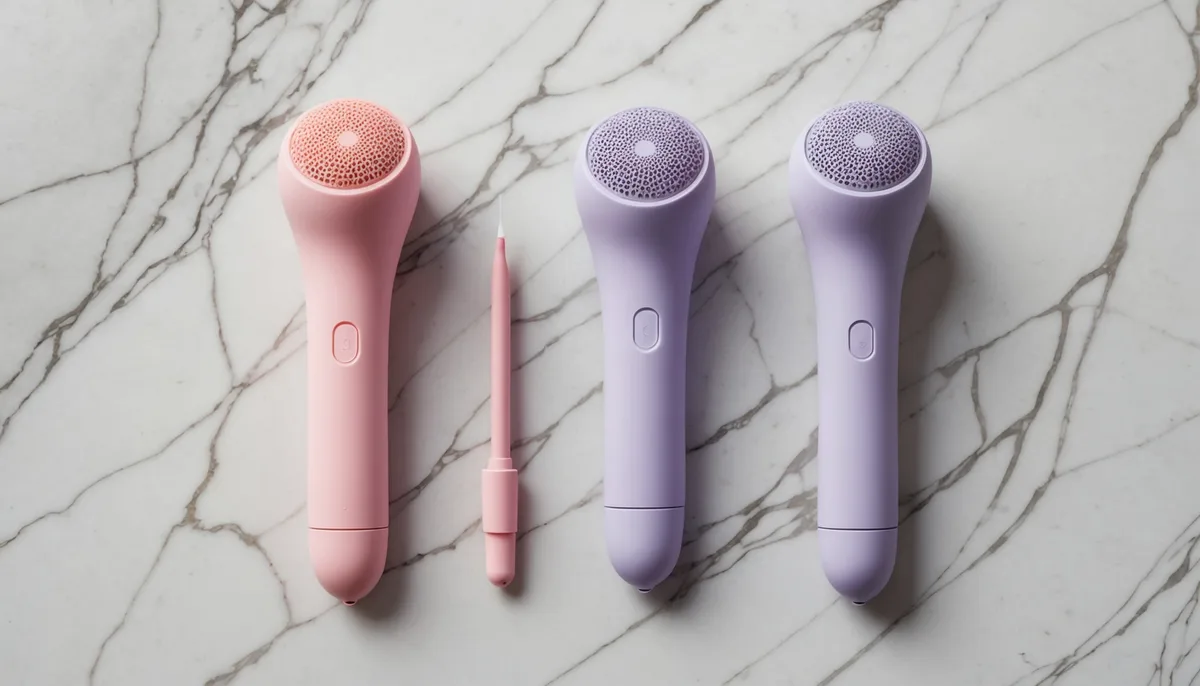 Dois modelos de sugador de clitóris em silicone sobre superfície de mármore branco