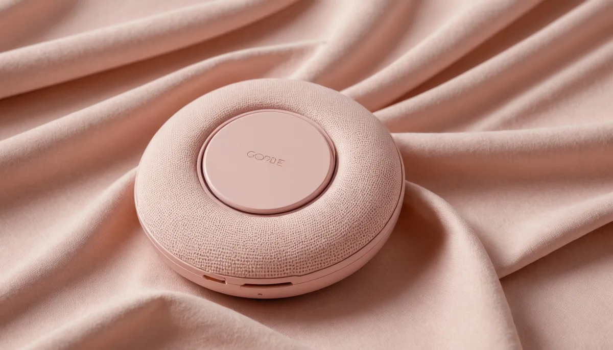 Vibrador de calcinha discreto sobre tecido rosa com controle remoto ao lado