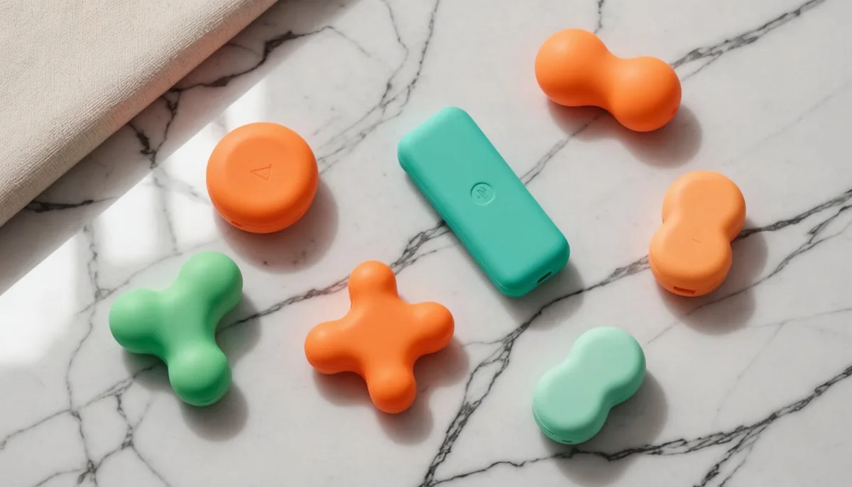 Diferentes modelos de vibrador de calcinha em silicone sobre superfície de mármore