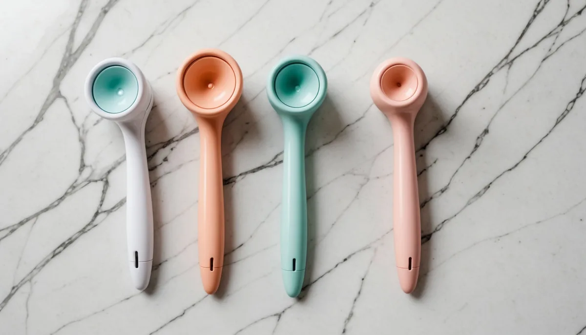 Três modelos de vibrador ponto G dispostos sobre superfície de mármore branco