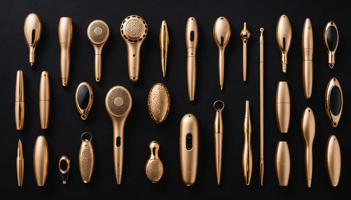 Diferentes modelos de vibrador recarregável dispostos sobre veludo escuro
